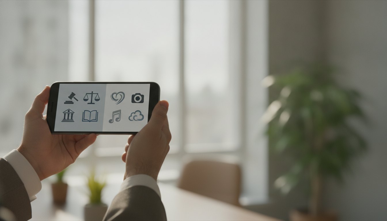 Mãos segurando um smartphone com a tela dividida entre ícones corporativos e aplicativos de uso pessoal.