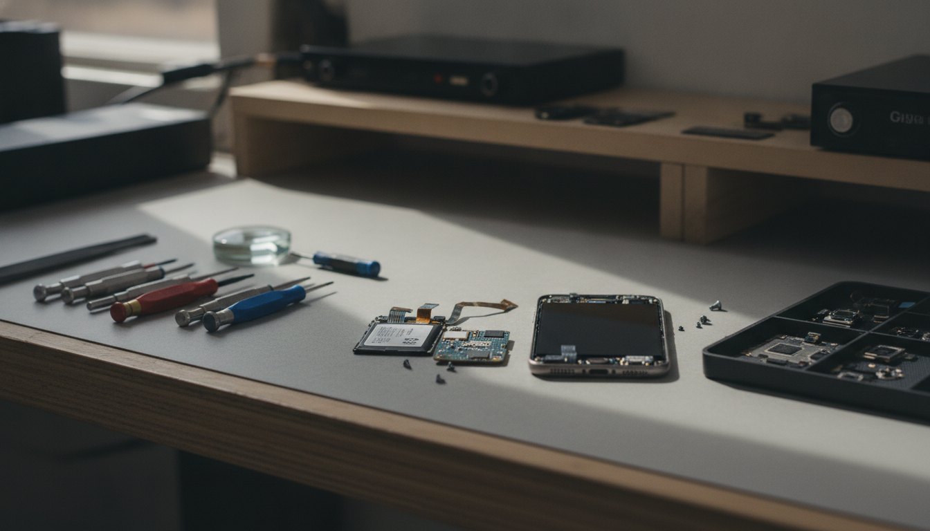 Smartphone aberto sobre uma bancada com ferramentas de precisão ao lado de peças internas desmontadas.