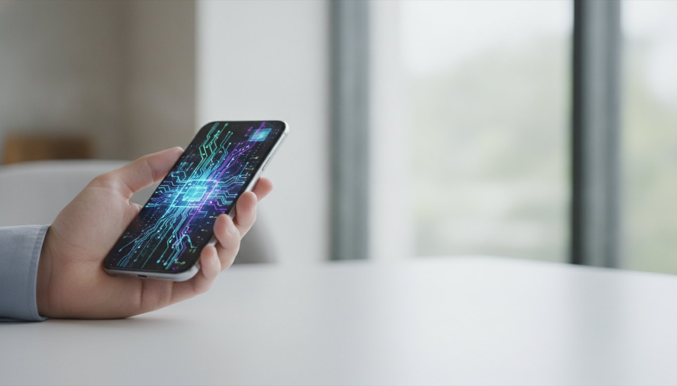Mão segurando um celular com gráficos luminosos na tela representando processamento de dados.