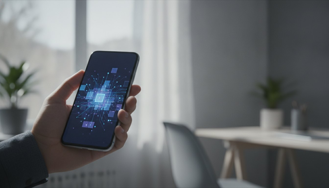 Mão segurando um smartphone com a tela exibindo gráficos de processamento de dados digitais.