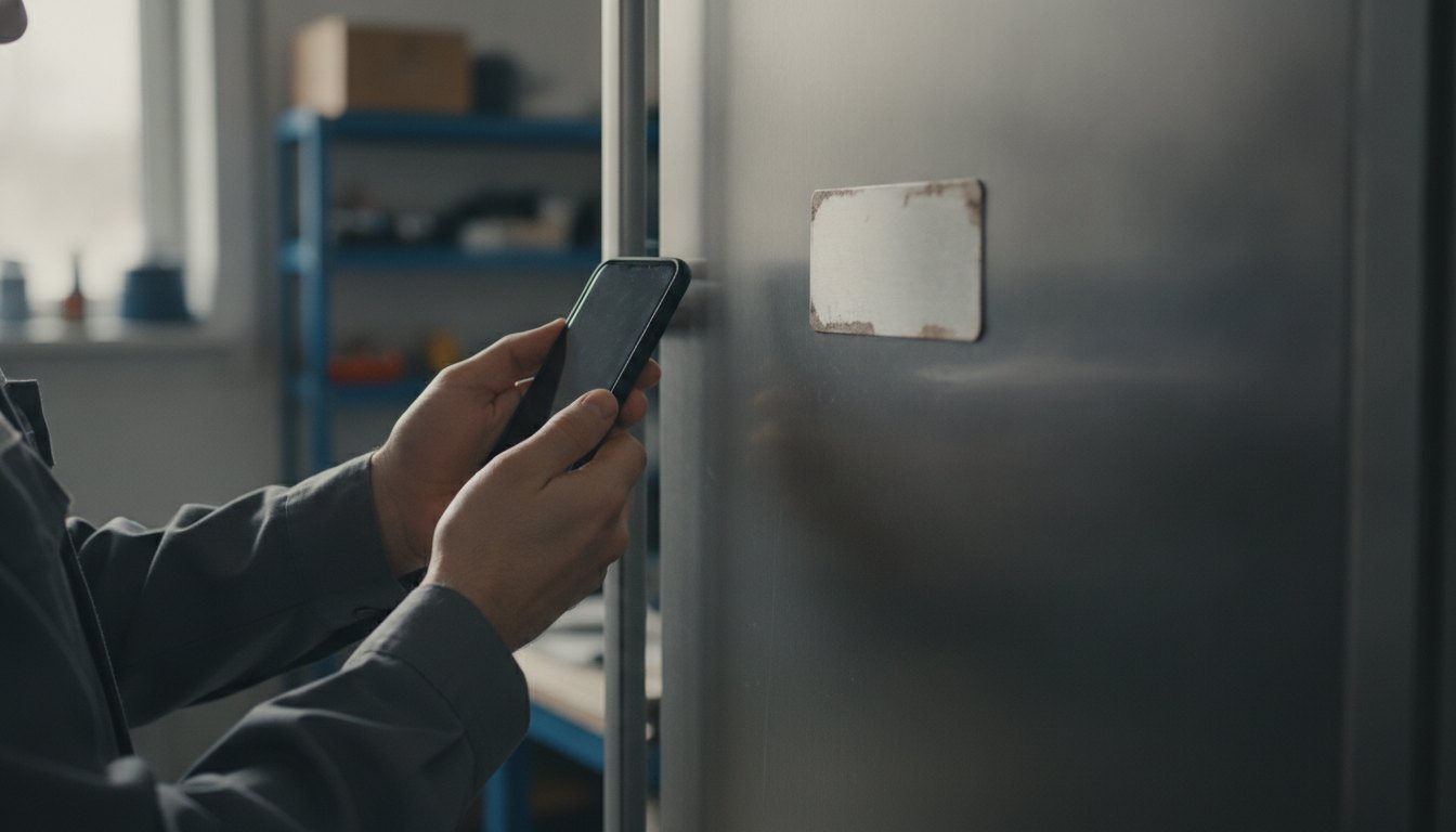 Técnico segurando um smartphone próximo a uma etiqueta na lateral de uma geladeira metálica.