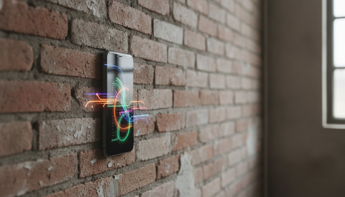 Tela de celular exibindo linhas virtuais coloridas sobrepostas a uma parede de alvenaria.