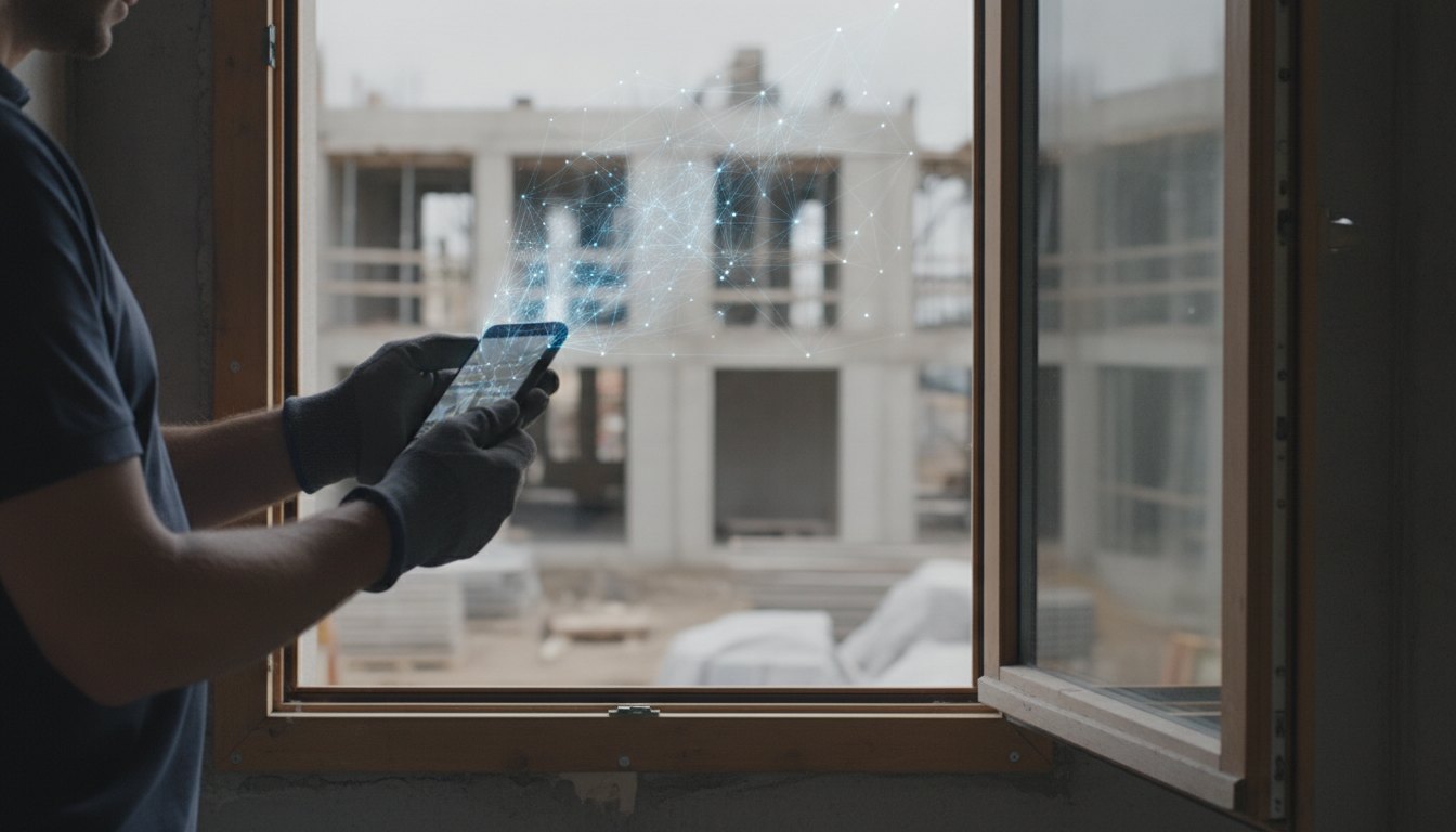 Homem segurando um smartphone que projeta uma malha de segurança virtual sobre uma janela aberta.