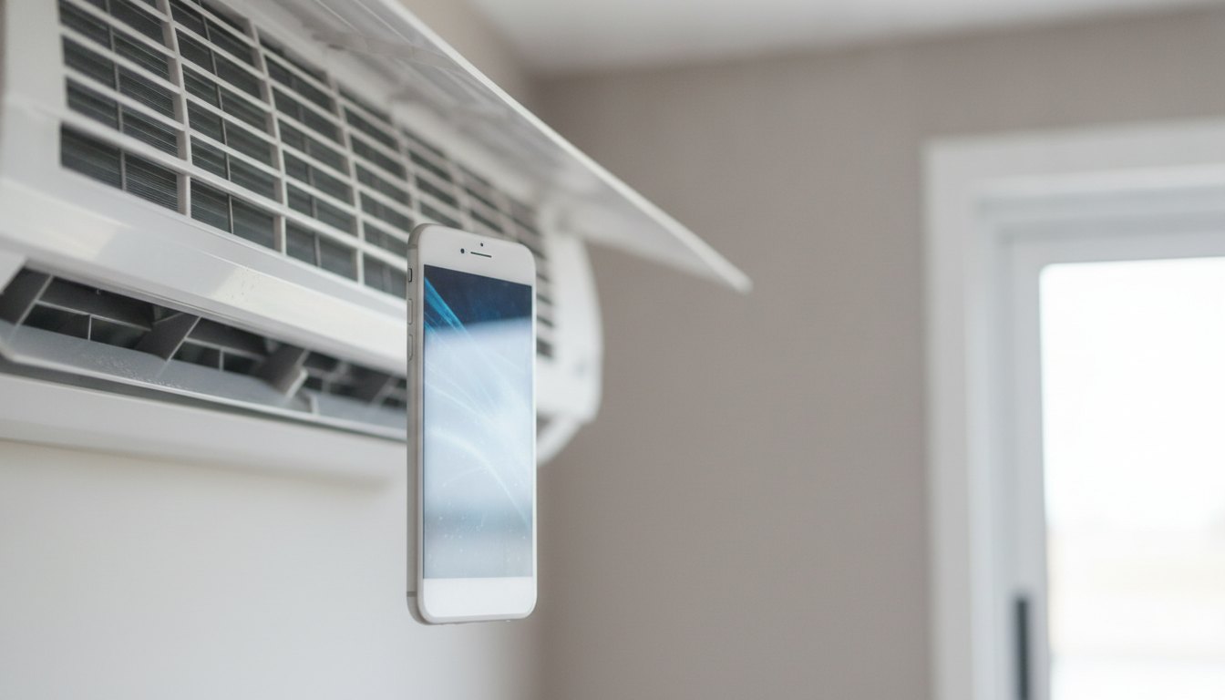 Pessoa segurando um smartphone próximo à saída de ar de um equipamento de climatização branco.