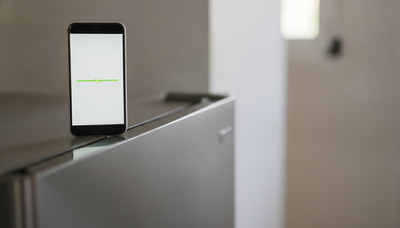 Smartphone sobre uma geladeira de inox exibindo um aplicativo de nível digital na tela iluminada.