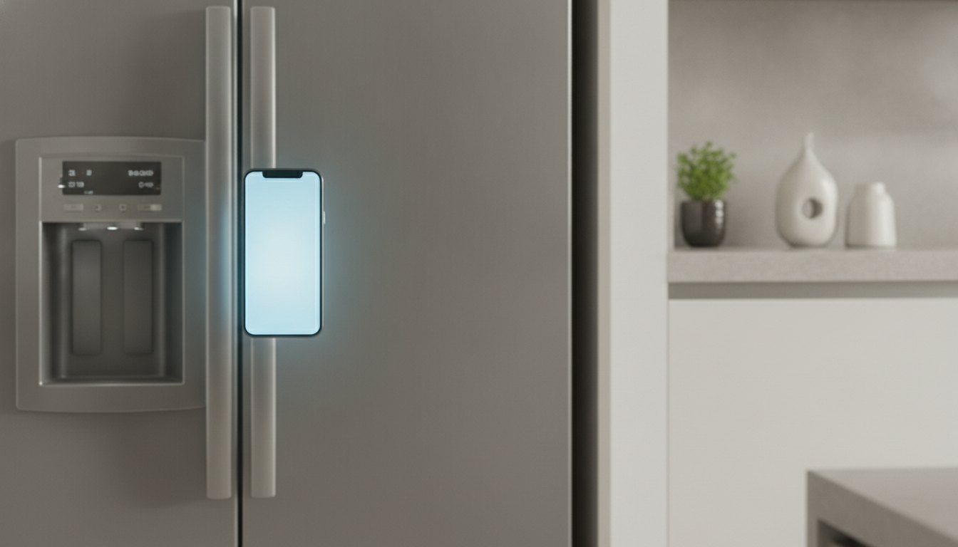 Mão segurando smartphone iluminado em frente a uma geladeira moderna na cozinha.