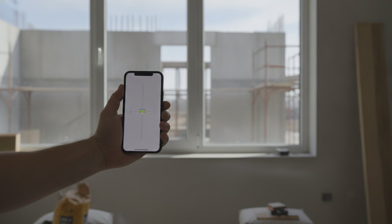 Pessoa segurando um smartphone com aplicativo de nível bolha na tela próximo a uma janela.