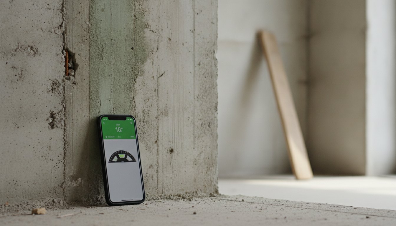 Pessoa segurando um smartphone com aplicativo de nível digital encostado em uma parede em obras.