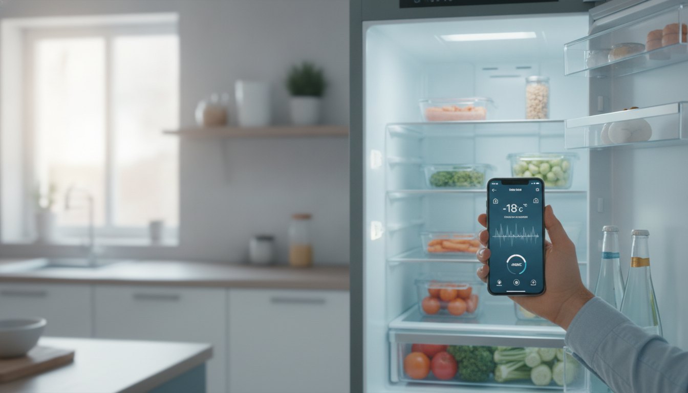Pessoa segurando smartphone com aplicativo de controle de temperatura em frente a uma geladeira aberta
