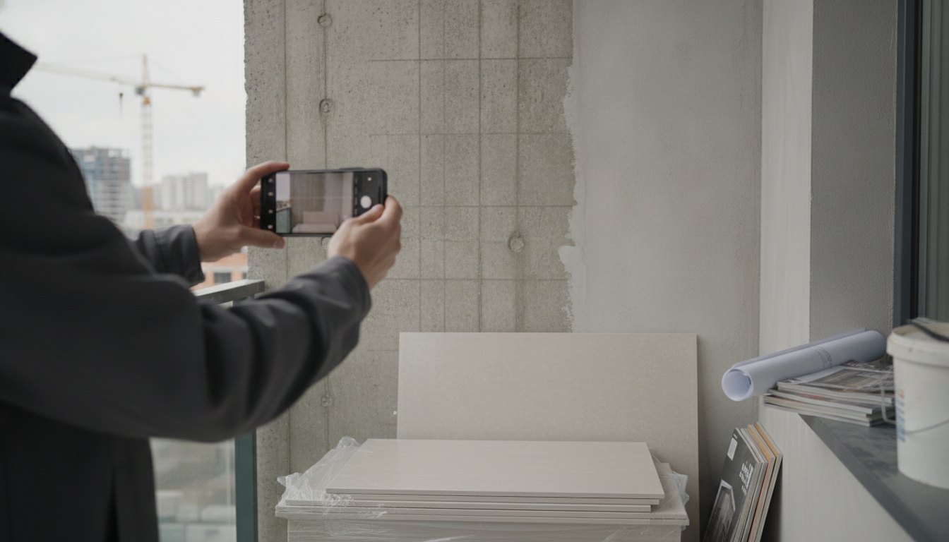 Pessoa segurando um smartphone apontado para a parede de uma sacada de apartamento