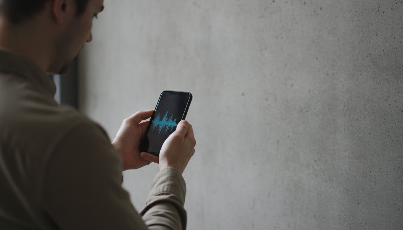 Pessoa segurando um smartphone encostado na parede enquanto observa um gráfico de ondas sonoras na tela.