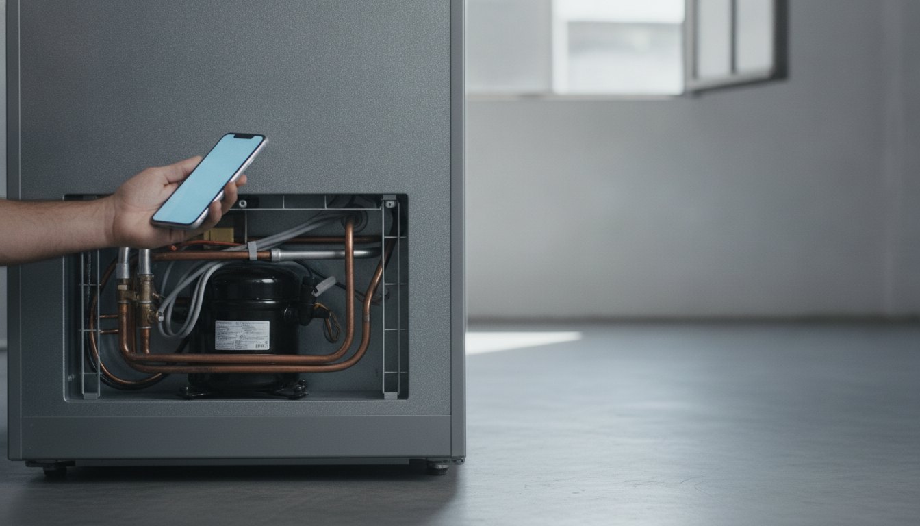 Pessoa segurando um smartphone próximo à parte inferior traseira de uma geladeira metálica.