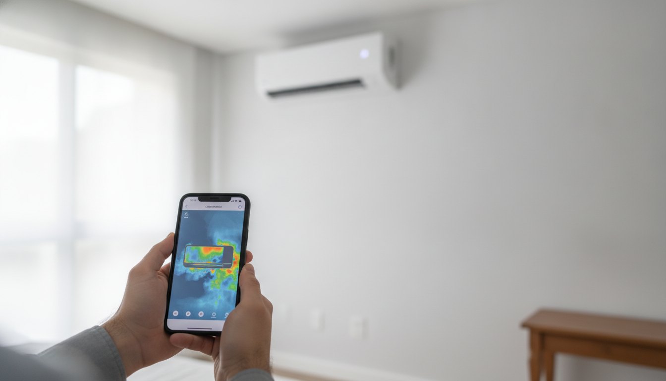 Pessoa segurando um smartphone com aplicativo de mapeamento térmico em frente a um ar-condicionado.