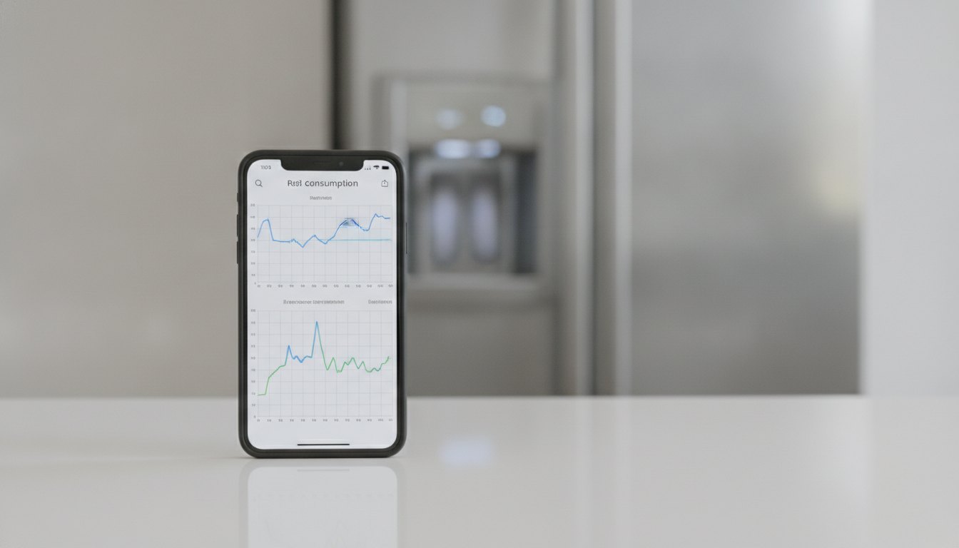 Aparelho celular exibindo gráfico de consumo elétrico ao lado do painel de uma geladeira.