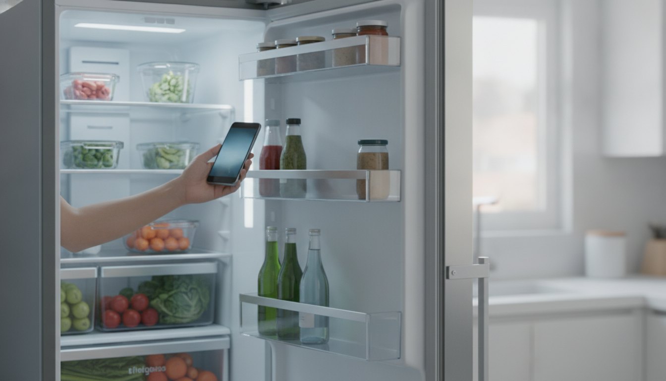 Pessoa segurando um smartphone próximo ao painel interno de uma geladeira aberta.