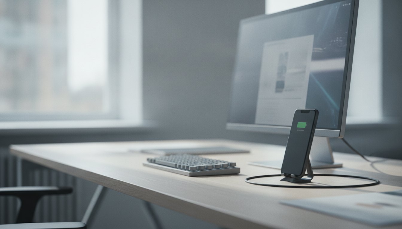 telefone móvel conectado a um monitor grande com teclado sobre mesa de escritório