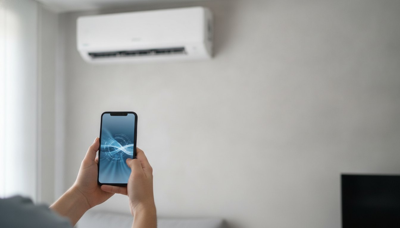 Pessoa segurando um smartphone com gráficos na tela diante de um ar-condicionado fixado na parede.
