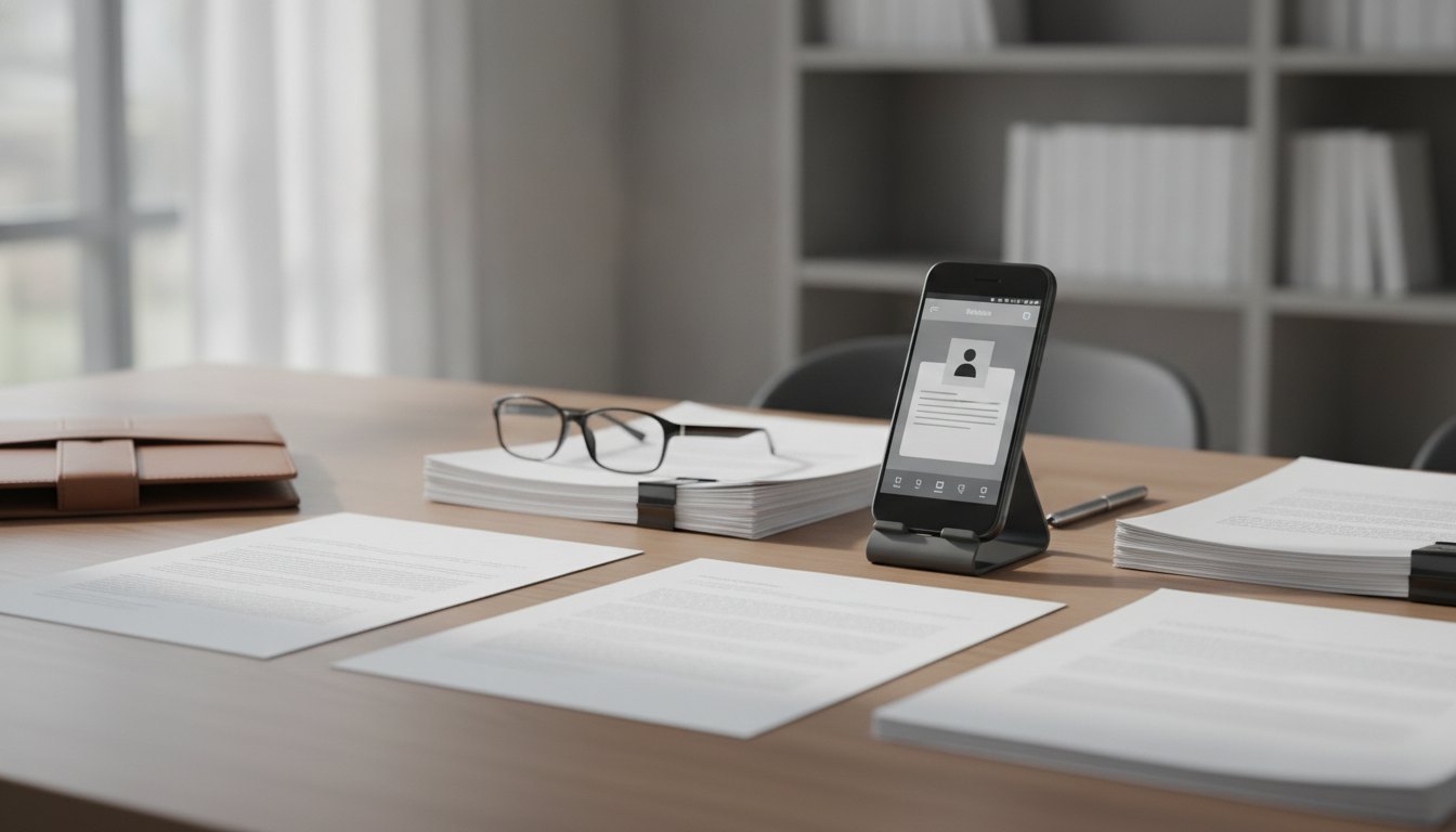 Pessoa segurando um smartphone exibindo um aplicativo de documentos enquanto organiza papéis sobre a mesa