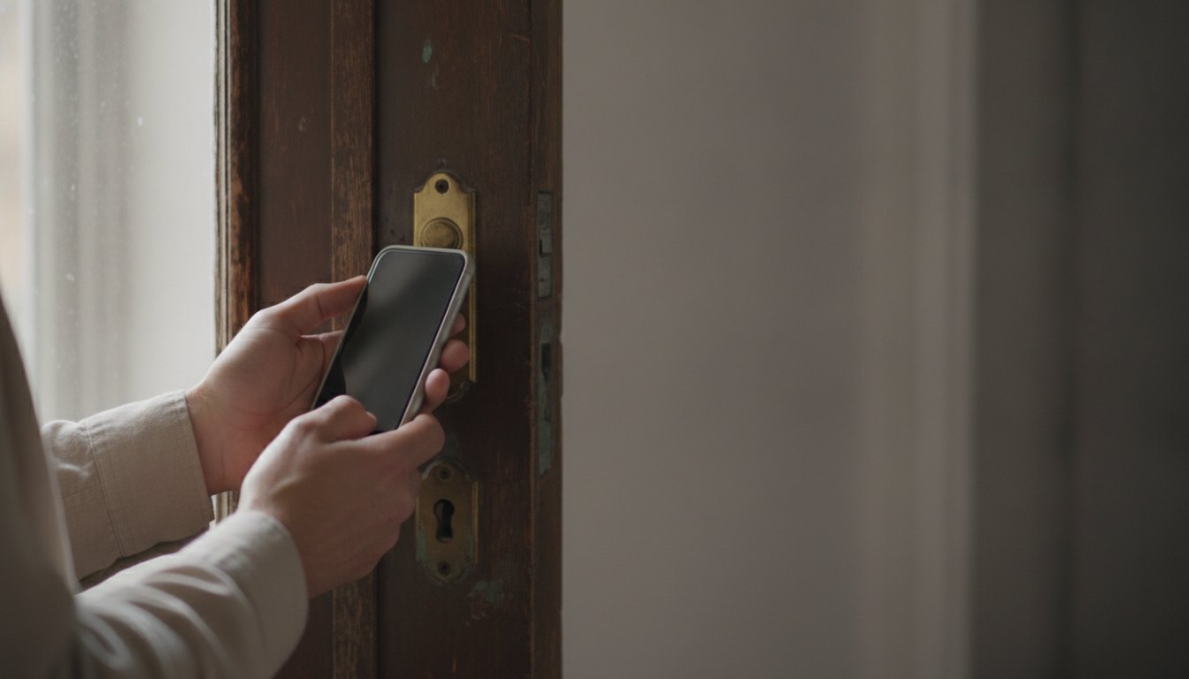 Pessoa segurando um celular próximo à fechadura de uma porta de madeira
