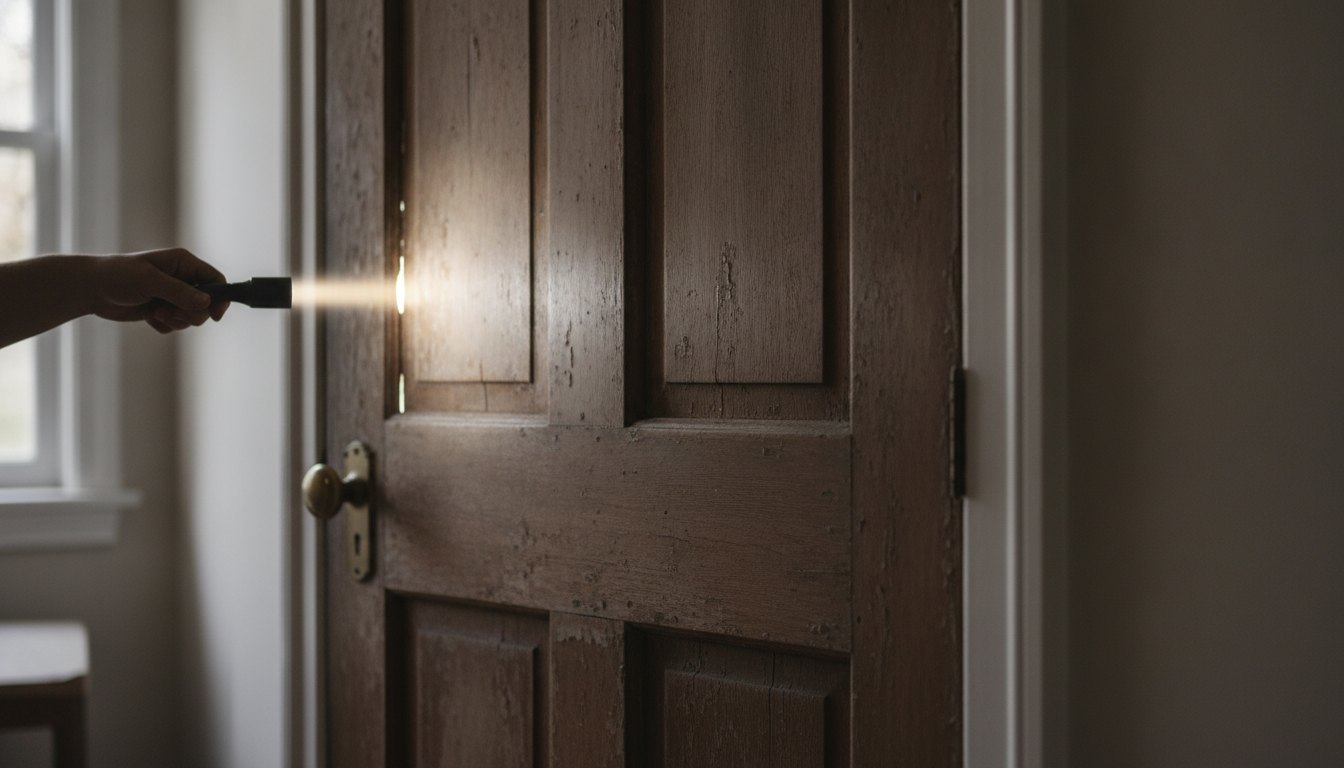Pessoa apontando a lanterna de um smartphone para a fresta de uma porta de madeira.