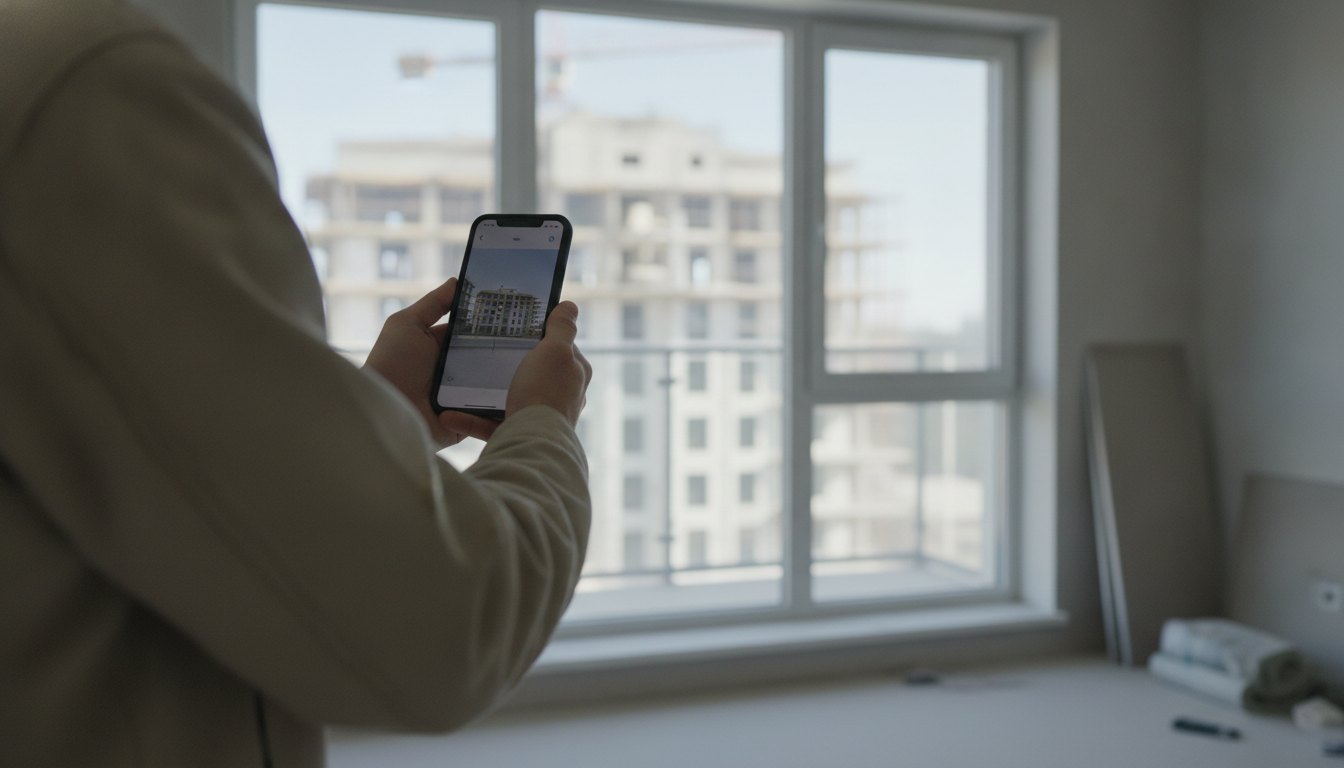 Pessoa segurando um smartphone com aplicativo de medição apontado para a janela de um apartamento