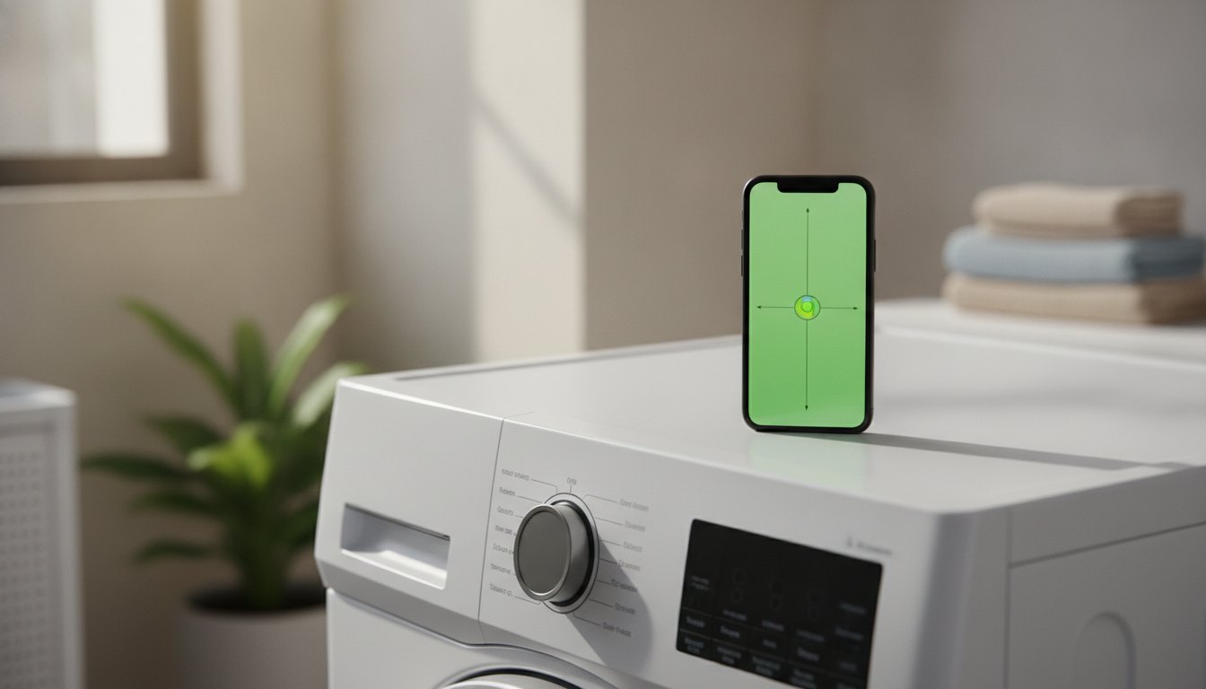 Celular exibindo aplicativo de nível bolha posicionado sobre a tampa de uma máquina de lavar.
