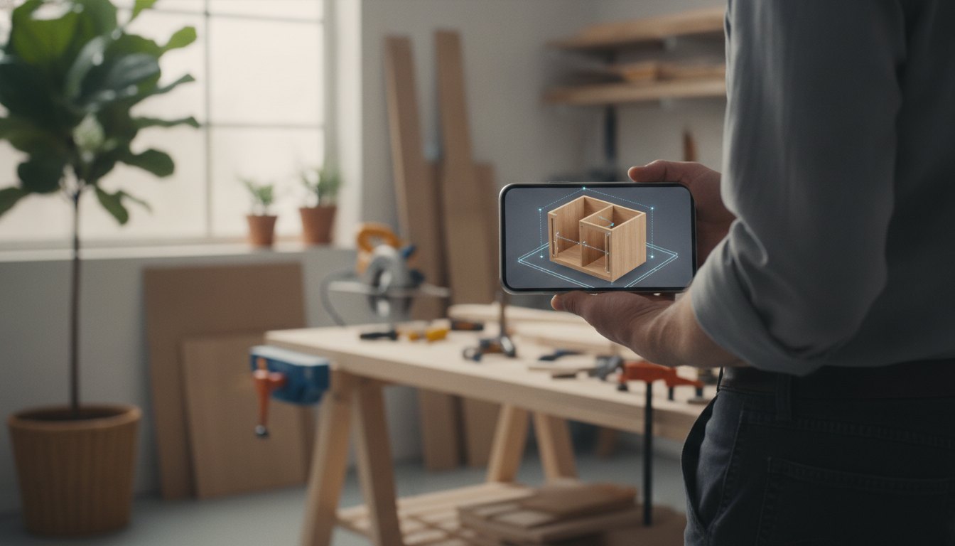Pessoa segurando um smartphone que exibe o esquema de montagem 3D de um armário de madeira.