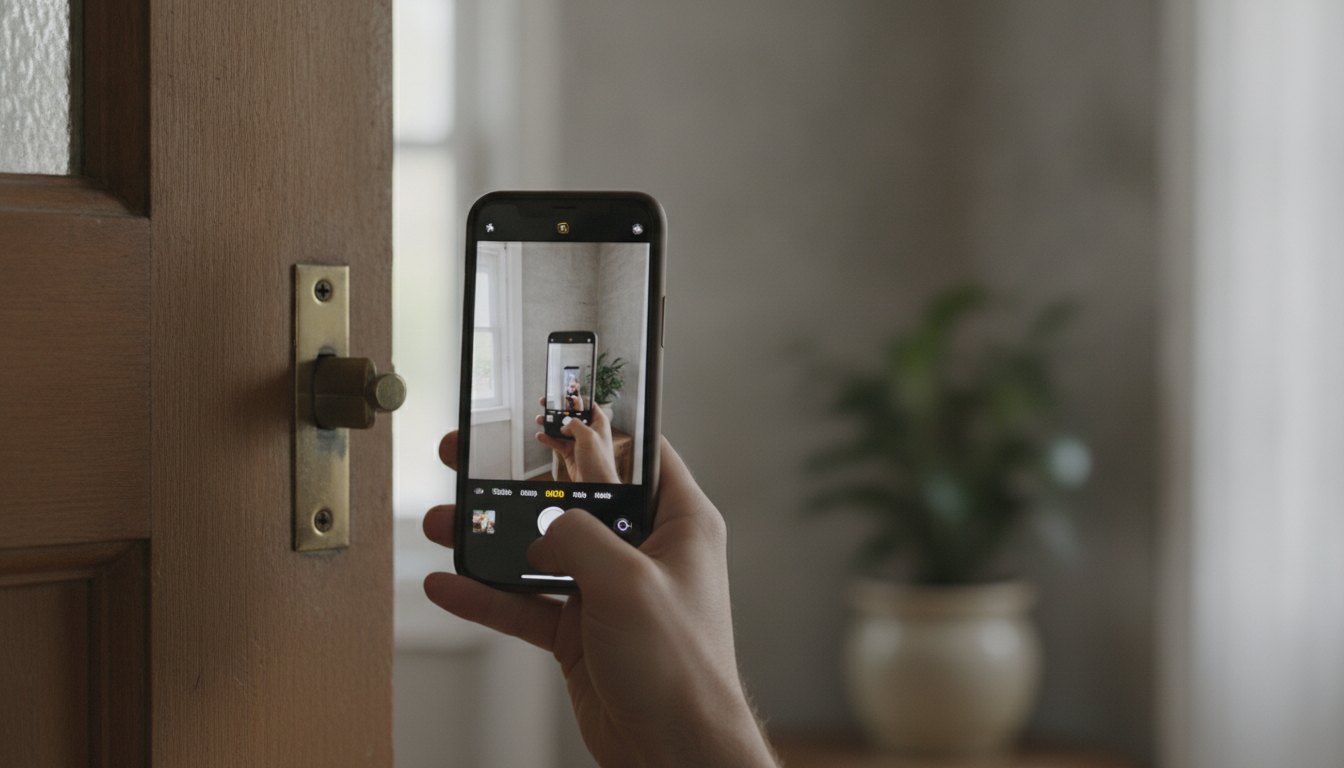 Pessoa segurando um smartphone com a câmera ativada apontada para a dobradiça de uma porta.