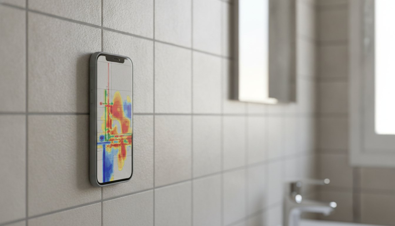 Tela de celular exibindo mapa de calor sobre uma parede com azulejos claros em um banheiro.