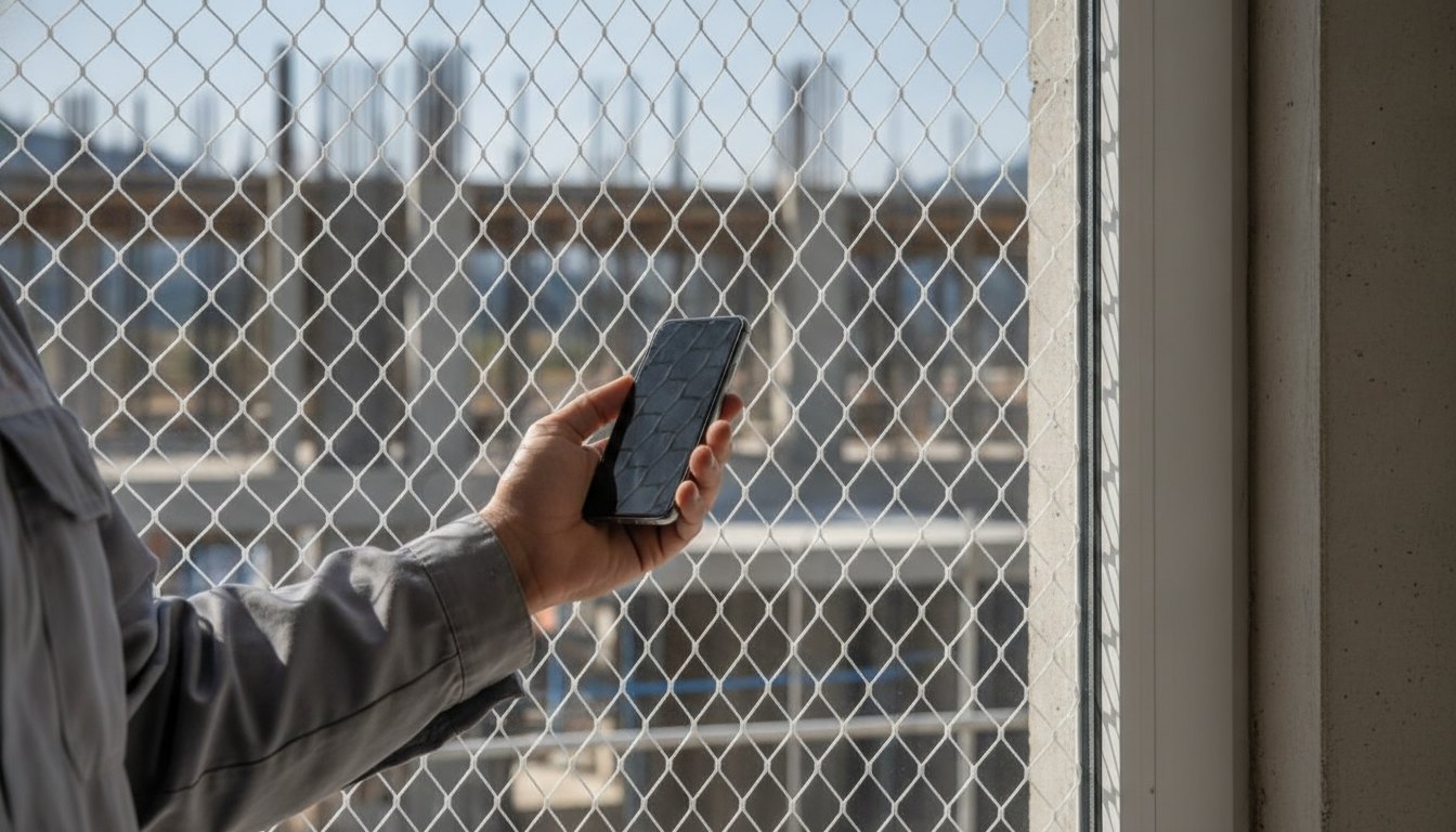 Pessoa segurando um smartphone próximo a uma rede de proteção instalada na janela.