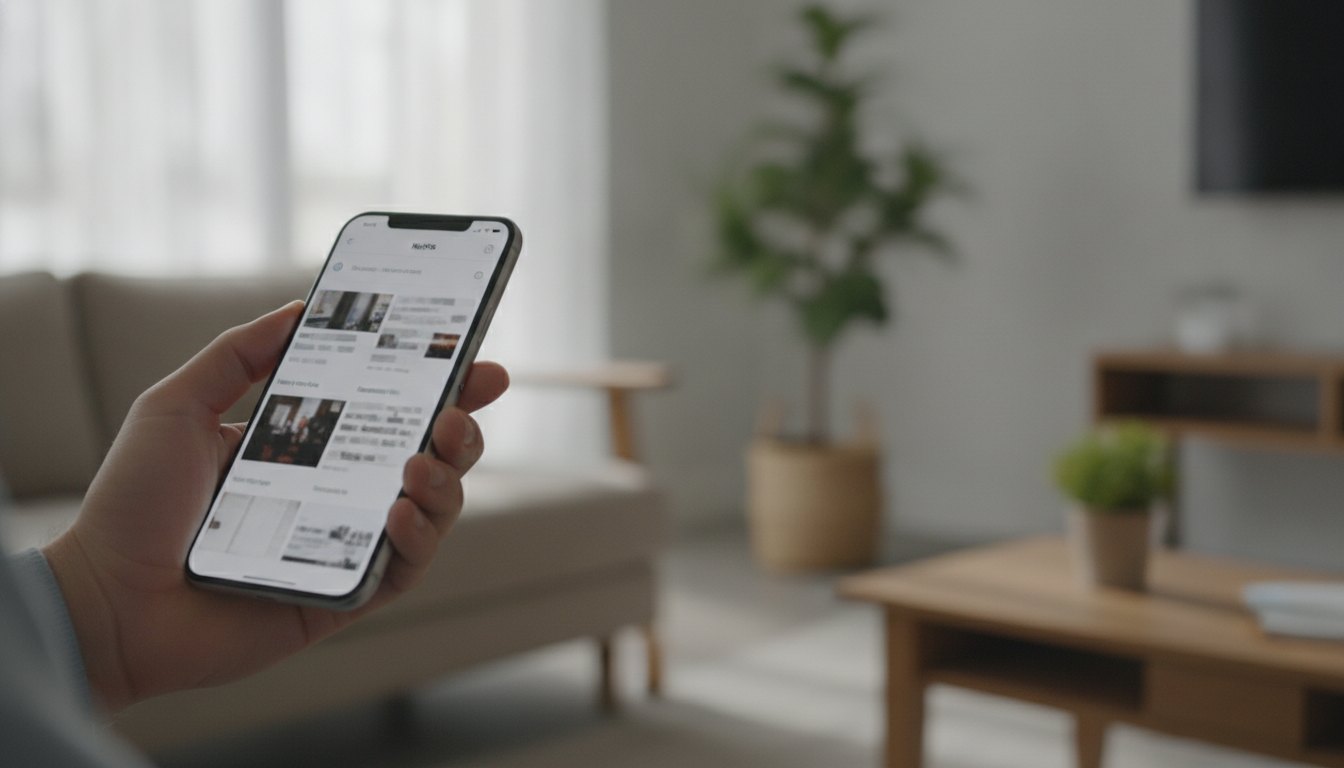 Mão segurando um smartphone com a tela acesa exibindo um aplicativo de leitura de notícias.