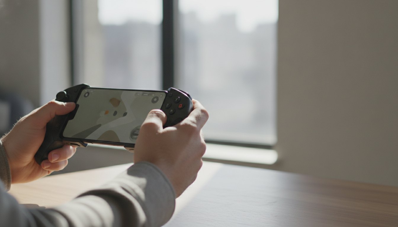 Pessoa segurando um celular na horizontal com um controle acoplado nas laterais da tela.