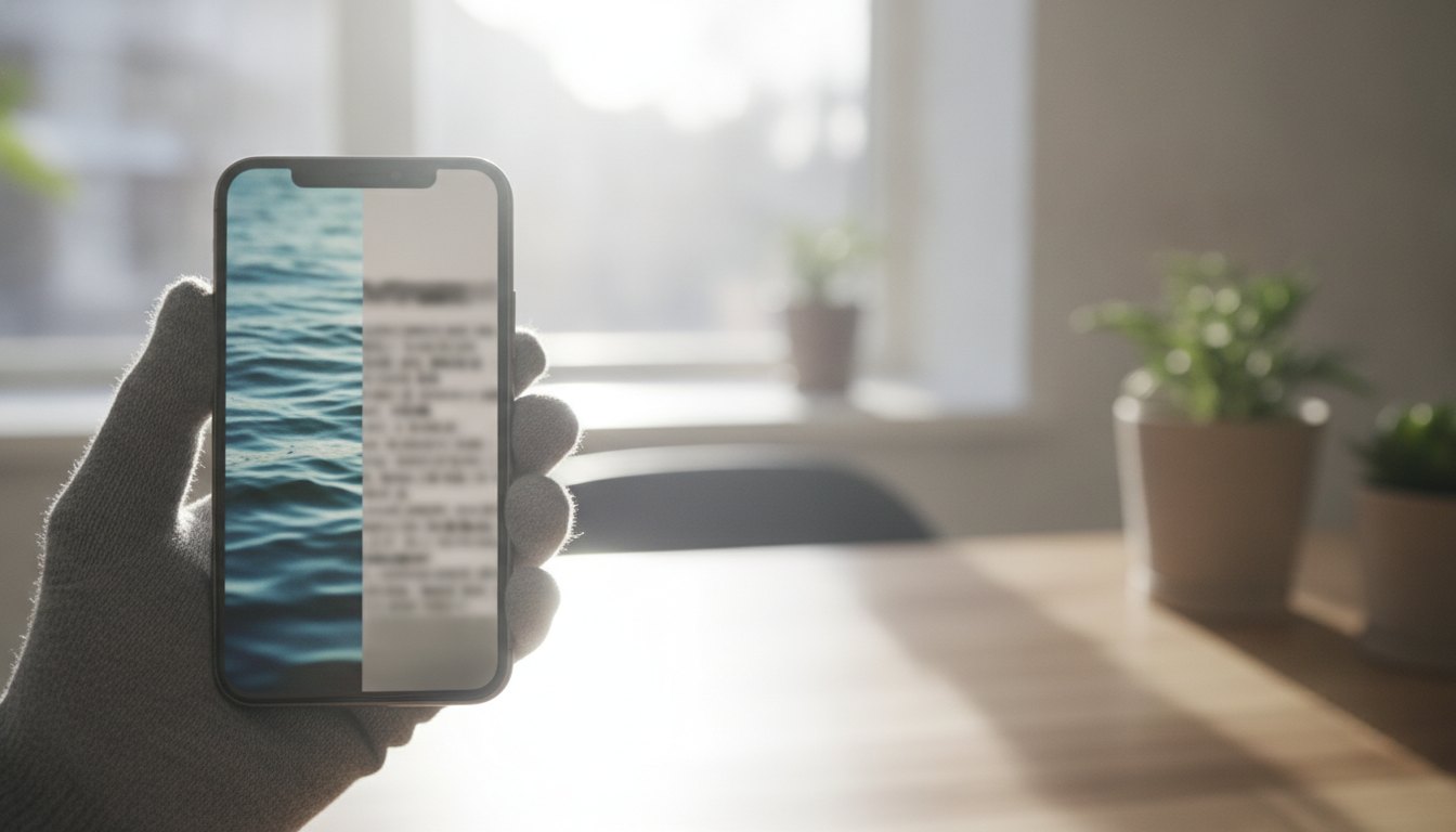 Pessoa segurando um smartphone com a tela dividida ao meio exibindo vídeo e texto.