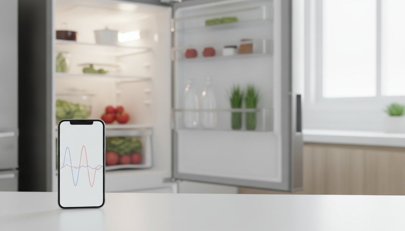 Smartphone exibindo gráfico de temperatura ao lado de uma geladeira com a porta aberta.