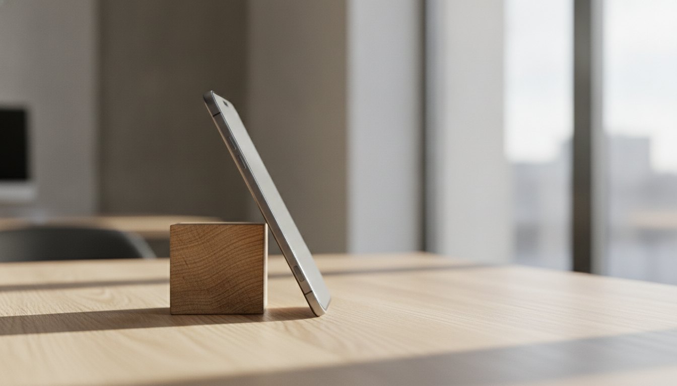 Lateral de um smartphone moderno sem entrada para cartão físico, apoiado sobre uma mesa de madeira.