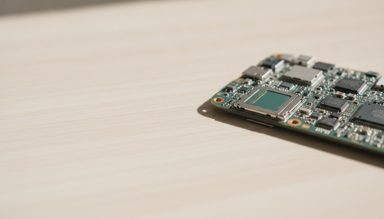 Placa de circuito de um smartphone desmontado com foco no espaço vazio do compartimento lateral.