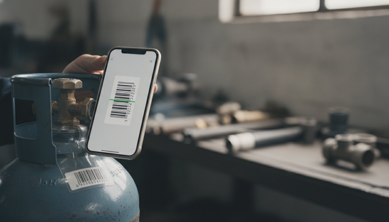 Pessoa segurando um smartphone que escaneia o código de barras no lacre de um botijão.