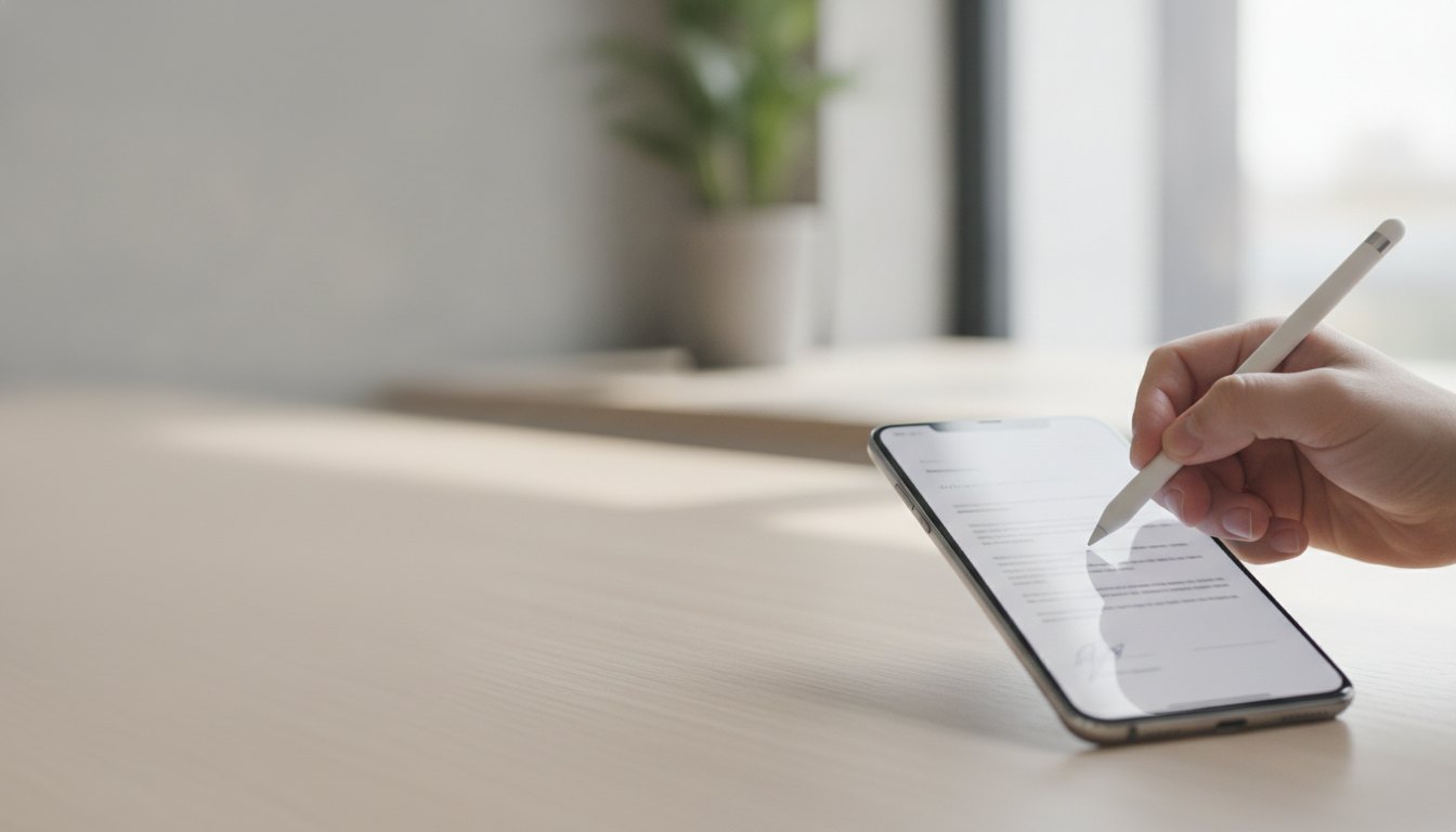 Mão segurando um smartphone com a tela exibindo um documento e uma caneta digital.